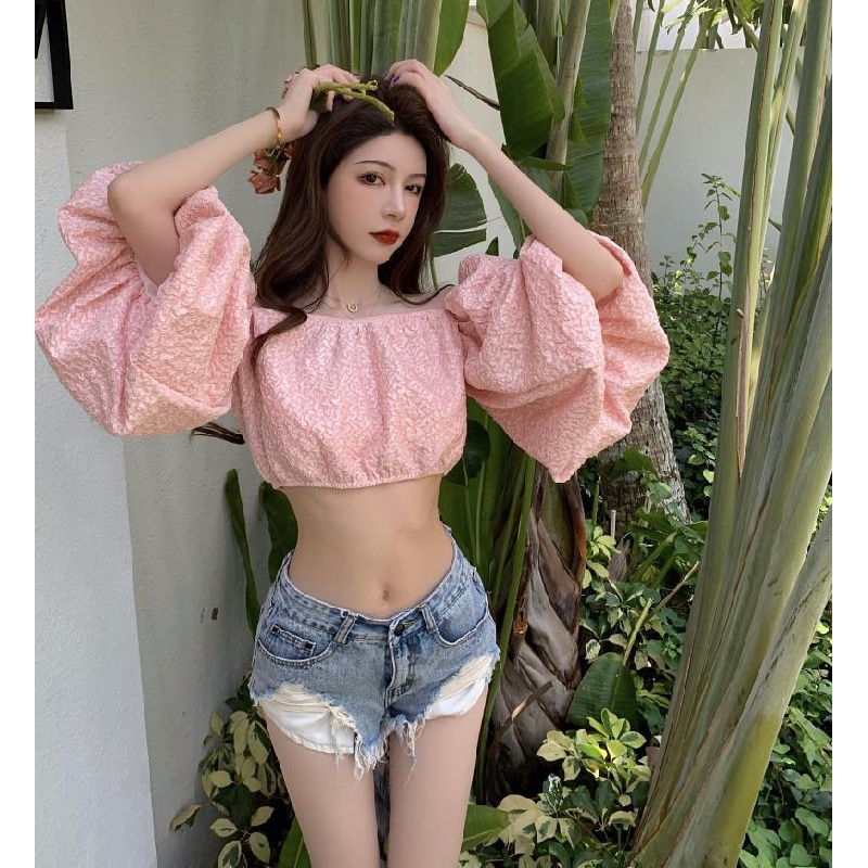 Áo bẹt vai áo trễ vai áo tay bồng khoe eo Áo Kiểu Trễ Vai Tay Phồng Ngắn Màu Hồng Thời Trang Mùa Hè Dành Cho Nữ Mã 2022