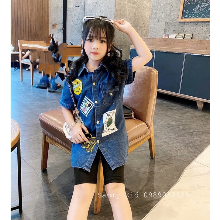 Set Áo Jean hình ngộ nghĩnh Quần legging đùi cho bé gái size đại 17-43kg cá tính