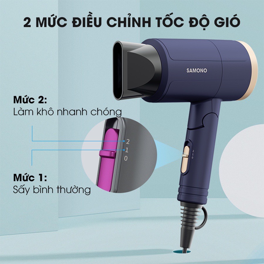 Máy sấy tóc mini gấp gọn bỏ túi khi du lịch SAMONO SW-HDB11 công suất lớn 1000W 2 lớp bảo vệ an toàn - Hàng chính hãng