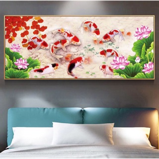 Tranh in canvas cá chép hoa sen HD95 KHÔNG KHUNG 100 x 50 cm