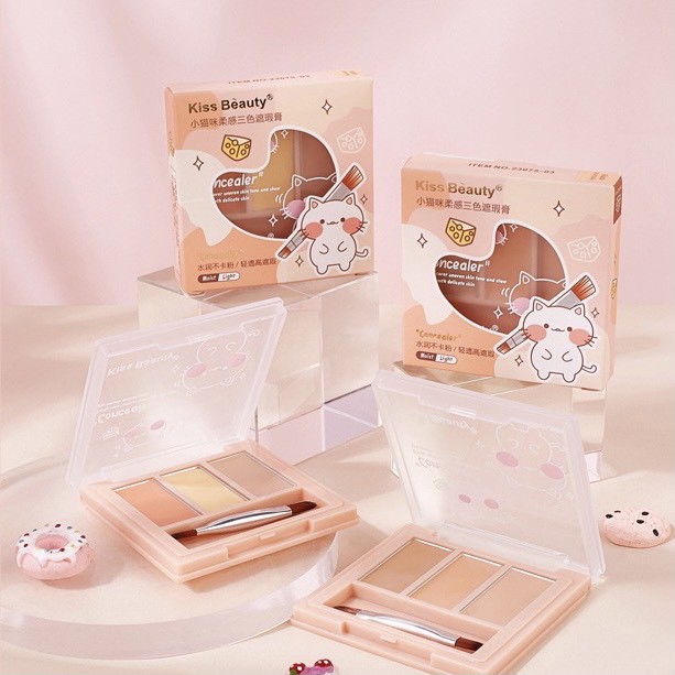 Bảng che khuyết điểm 3 màu kèm cọ KISS BEAUTY Concealer KISS10 | BigBuy360 - bigbuy360.vn