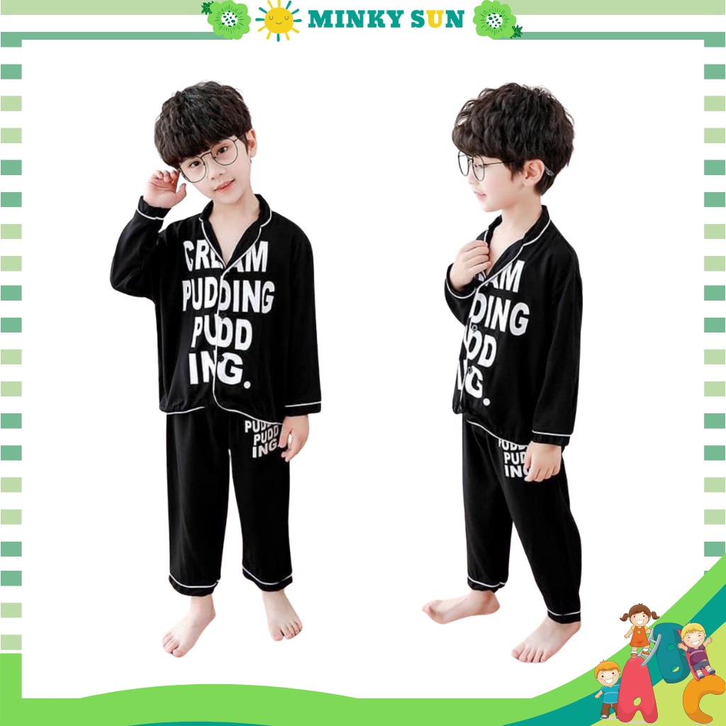 Pijama lụa dài tay in chữ cho bé từ 6-28Kg MINKY SUN , Bộ đồ ngủ dài tay cho bé trai và bé gái mặc đều xinh