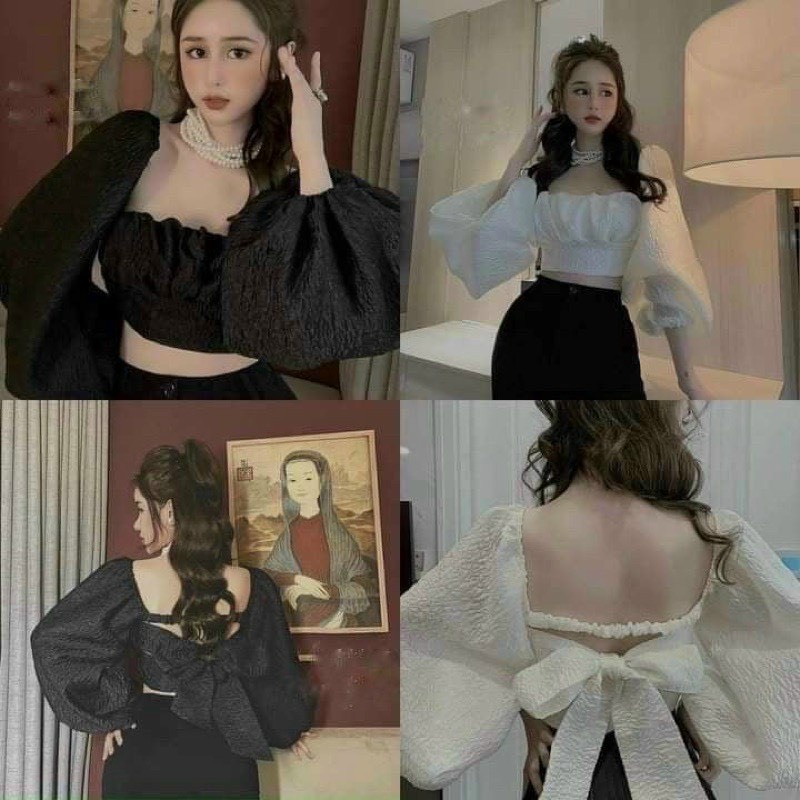 áo kiểu tay phồng xinh cột nơ lưng chất xốp xinh ảnh thật chất mềm