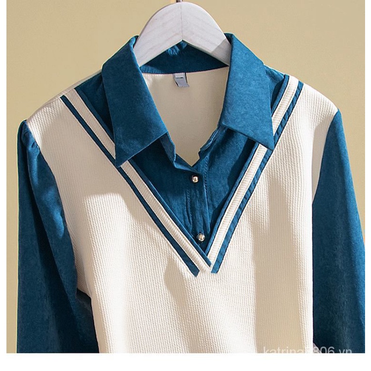 Áo Sơ Mi Giả Hai Lớp Màu Sắc Tương Phản Phong Cách Phương Tây Dành Cho Nữ
