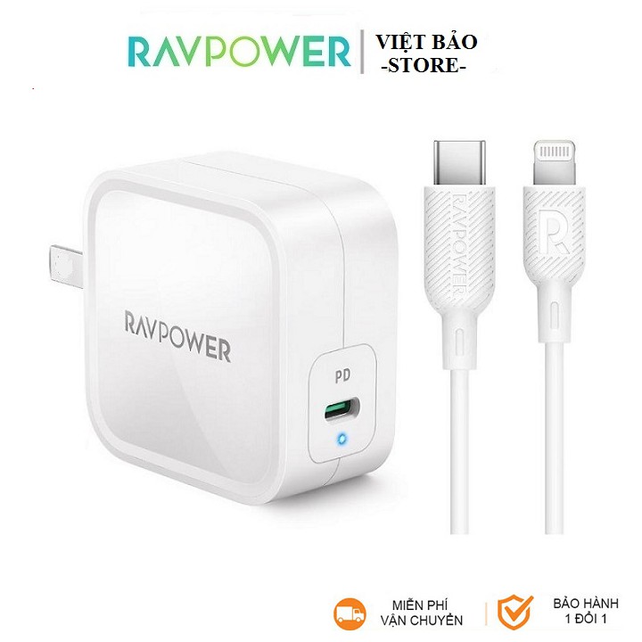 Combo Sạc Nhanh Cho iphone 12 RAVPower Củ GaN 61w PC112 kèm Cáp Type-C to Lightning CB054 có MFI ( BH 12 tháng )