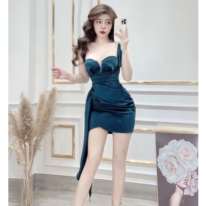 Đầm 2 Dây Lụa Body Bo Eo Xẻ Ngực Tà Nhún Đắp Chéo  - 4 Màu Đen, Xanh, Trắng, Đỏ - Cho Nàng Đi Chơi, Tiệc