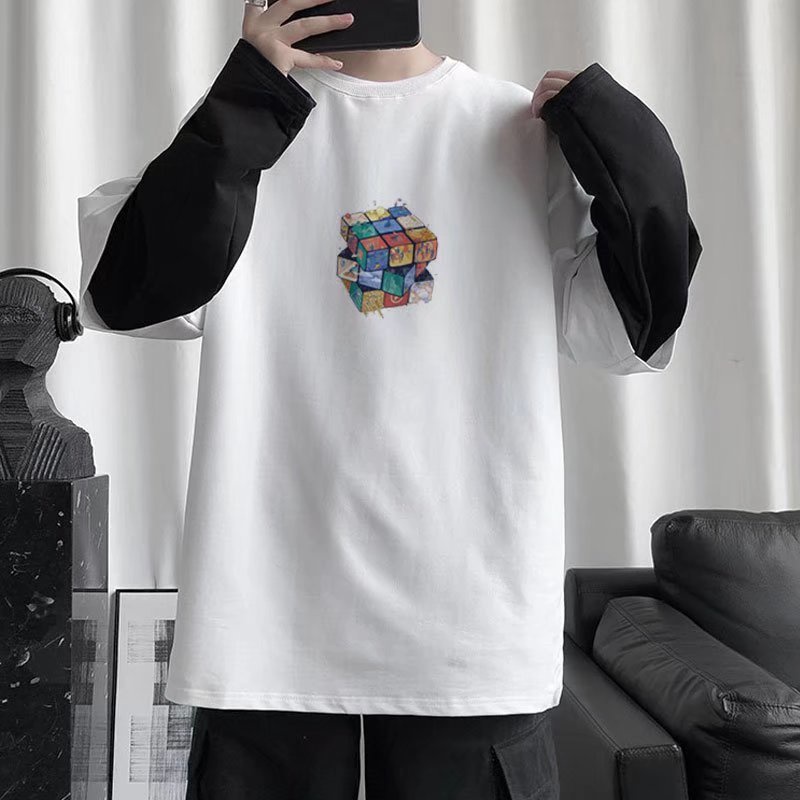 Áo Sweater Cổ Tròn Giả Hai Lớp Form Rộng In Họa Tiết Thời Trang Xu Hướng Hàn Quốc