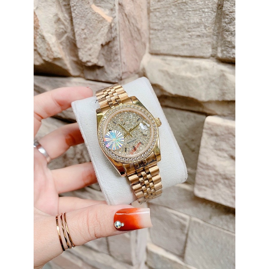 Đồng Hồ Nữ Nam Unisex DayDate dây thép , mặt số nạm đá , size 38mm / 32mm , máy pin