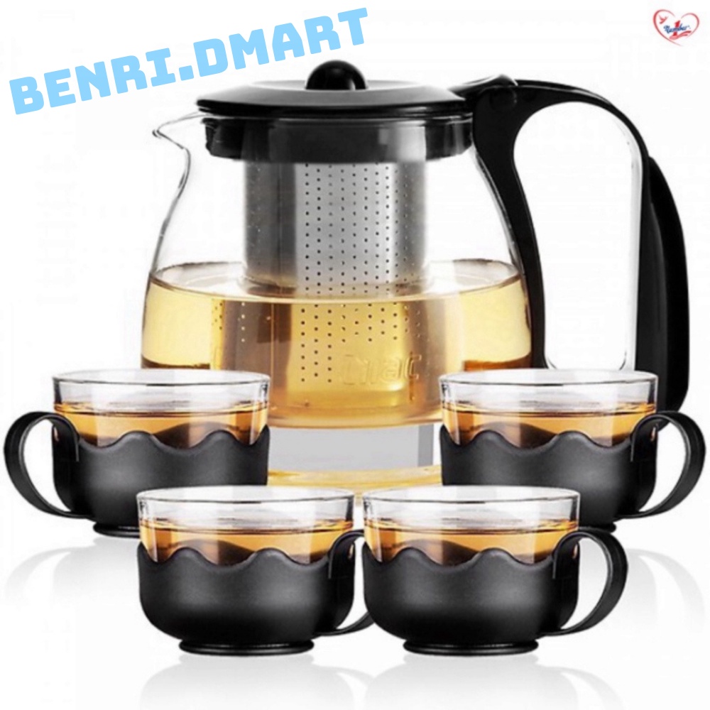 ấm trà thủy tinh lõi lọc inox bình lọc trà dung tích 1.0 lít kèm 4 ly