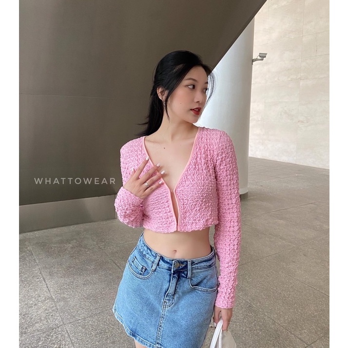 Áo cardigan croptop vải xốp cài móc nhiều màu | BigBuy360 - bigbuy360.vn