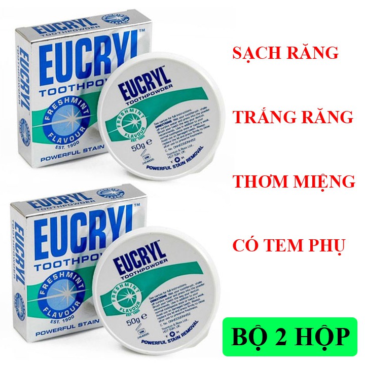 [HÀNG CHUẨN CÓ TEM PHỤ TIẾNG VIỆT] Bộ 2 hộp bột trắng răng Eucryl (50g x 2) làm sạch răng, trắng răng, hơi thở thơm mát