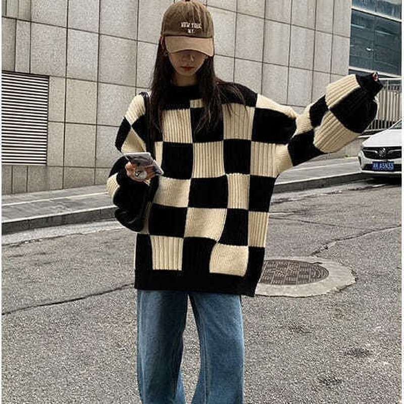 Áo len dài tay họa tiết ca rô thời trang dành cho nữ