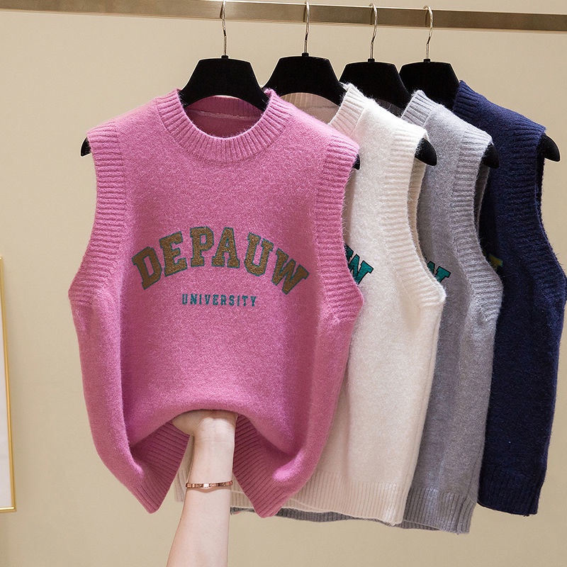 Áo len cổ tròn không tay in chữ thời trang thu đông cho n