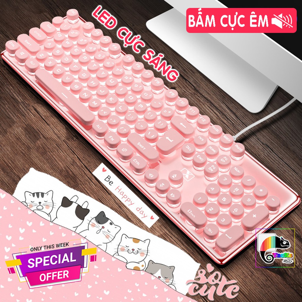 Bàn phím màu hồng, có Led cực xinh, Keycap tròn cá tính I Pink Gaming Keyboard Hello Kitty K620 Punk Keycap