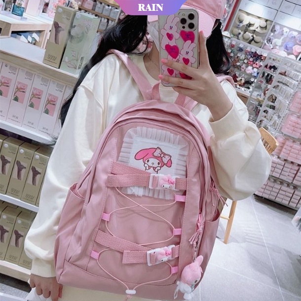 Ba Lô Đi Học/Đi Học Bằng Nylon Sức Chứa Lớn Họa Tiết Hoạt Hình Sanrio Có Nhiều Túi Cho Nữ