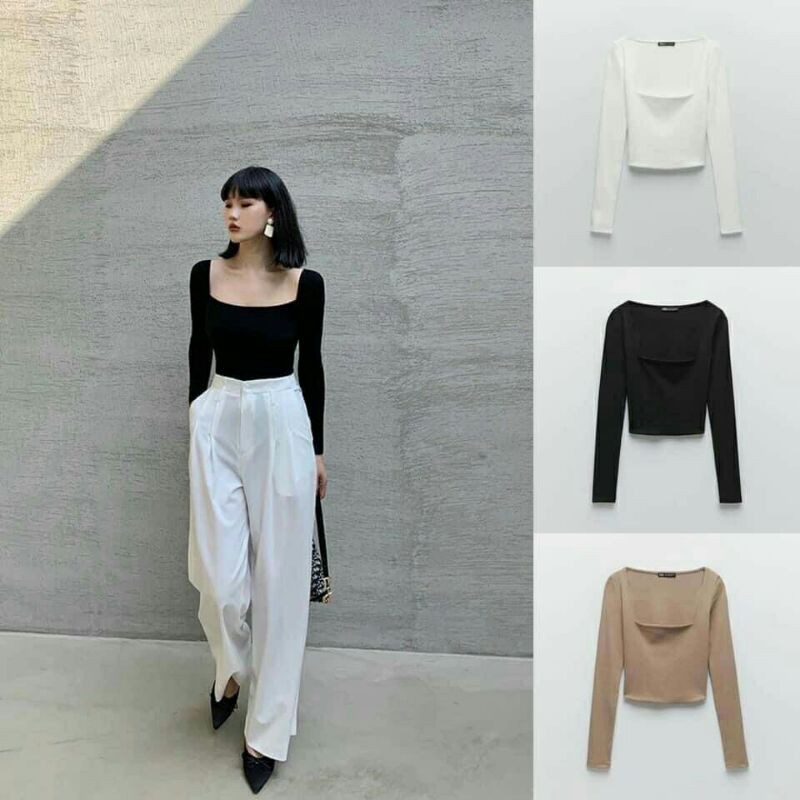 Áo thun tăm cổ vuông dài tay form ôm dáng croptop