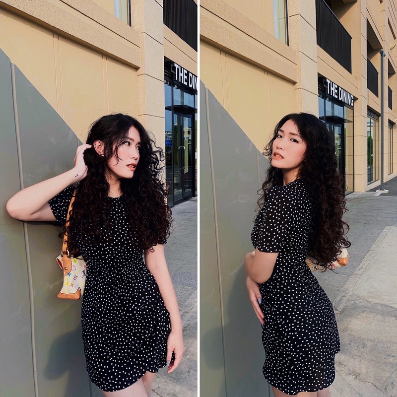 Đầm chấm bi ôm A, vạt giao tay bồng nhẹ- Dottie dress