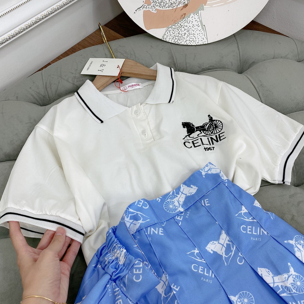 Set Áo Polo Thêu Chữ Mix Chân Váy Xanh