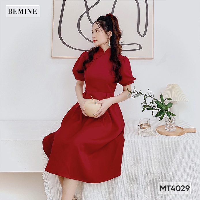 Đầm cổ tàu tay bồng tùng xòe BEMINE MT4029ĐO