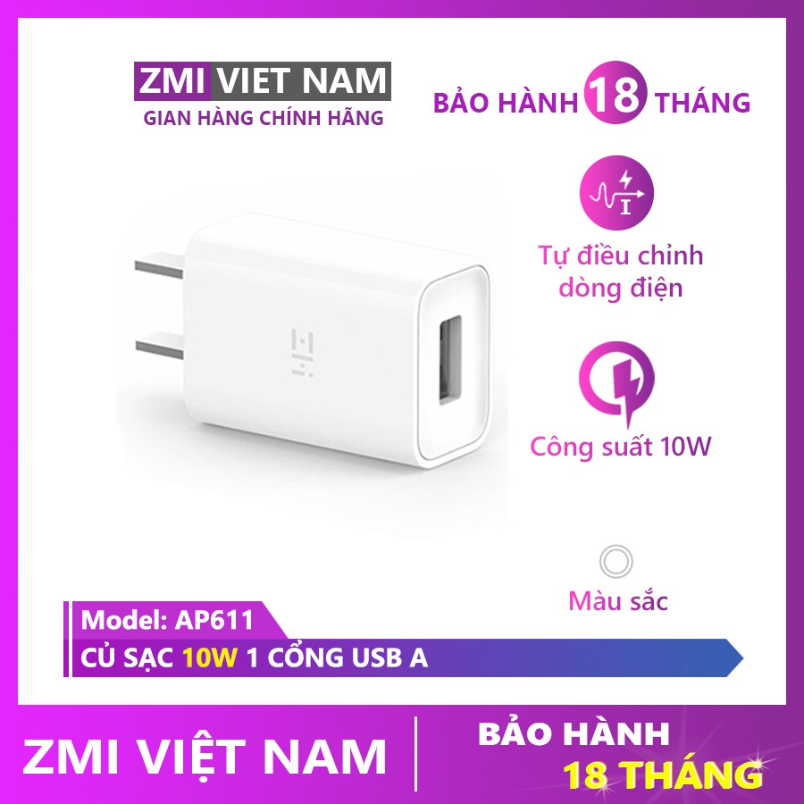 [ ZMI VIỆT NAM ] Củ Sạc ZMI AP611 5V 2A, 1 Cổng USB A | Bảo Hành 18 Tháng