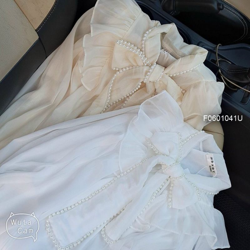Áo sơ mi kiểu nơ viền ngọc phối bèo hàng nhập Quảng Châu 0601
