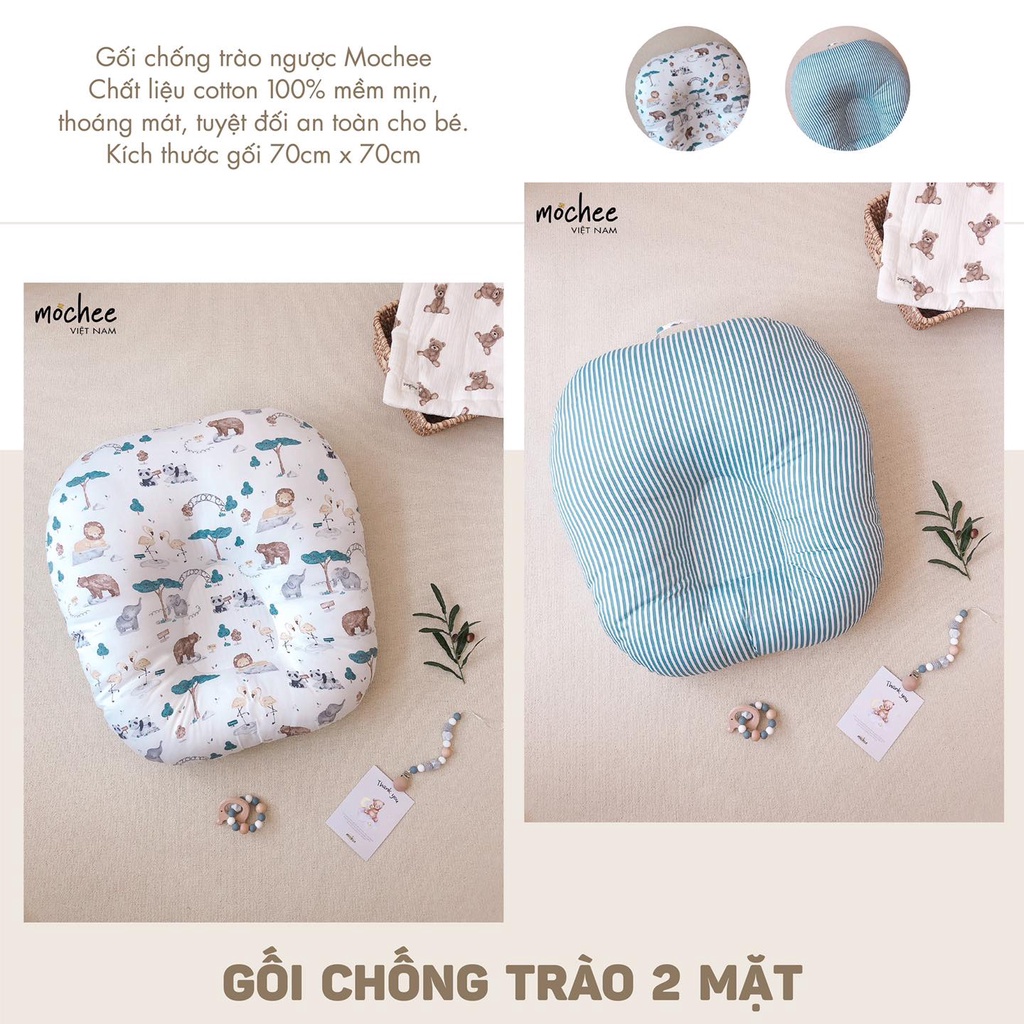 Gối chống trào ngược cho bé Mochee 70x70cm, gối chống trào cotton họa tiết 2 mặt - Monnie Kids