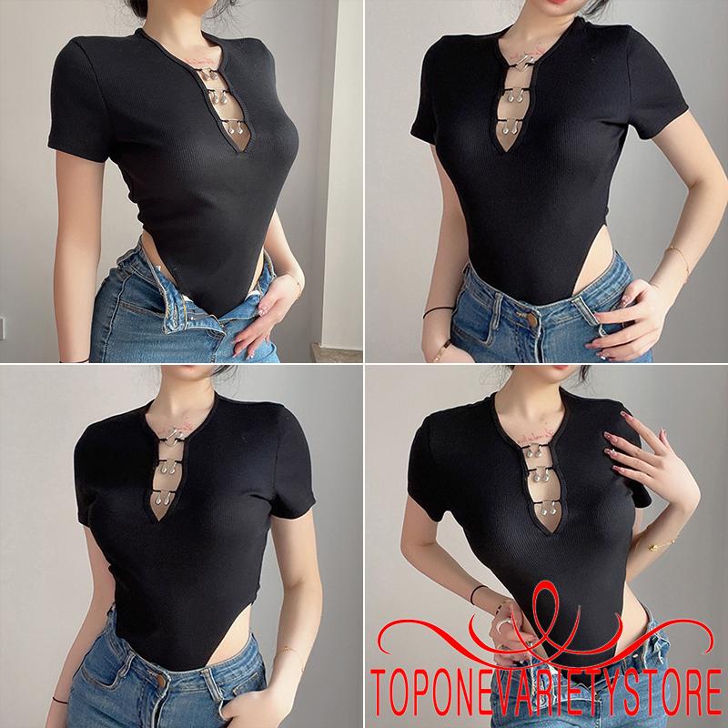 TOPQ-Women´s Summer Knitted Bodysuit Black Short Sleeve Round Neck Front Crochet Buckle Playsuit | BigBuy360 - bigbuy360.vn
