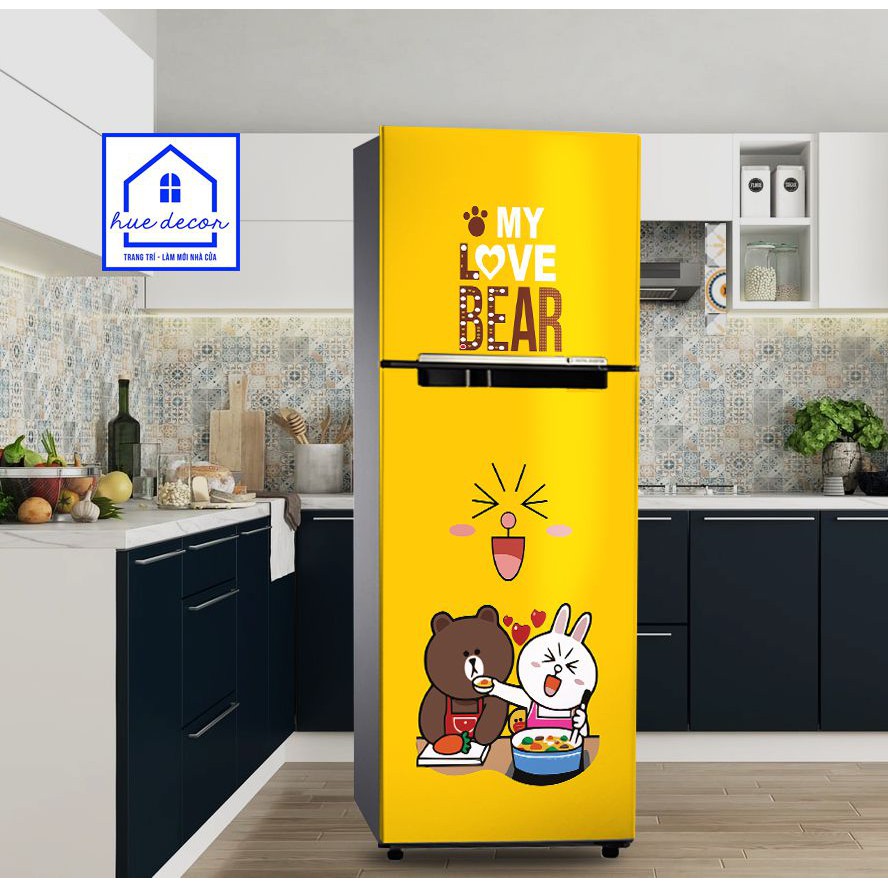 Tranh  dán tủ lạnh-máy lạnh - máy giặt Gấu brown siêu cute HUE DECOR chống nước, màu sắc trẻ trung, làm mới không gian