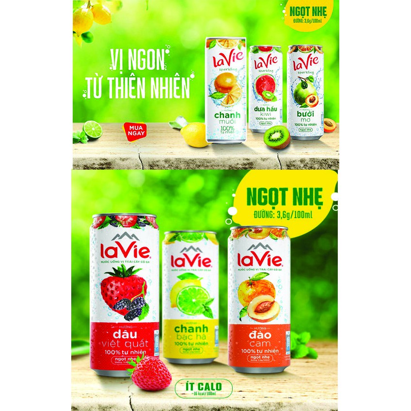 1 Lon nước có ga Lavie Sparkling vị trái cây Chanh bạc hà/Chanh muối/Bưởi mơ/Dưa hấu kiwi/Dâu việt quất/Đào cam 330ml