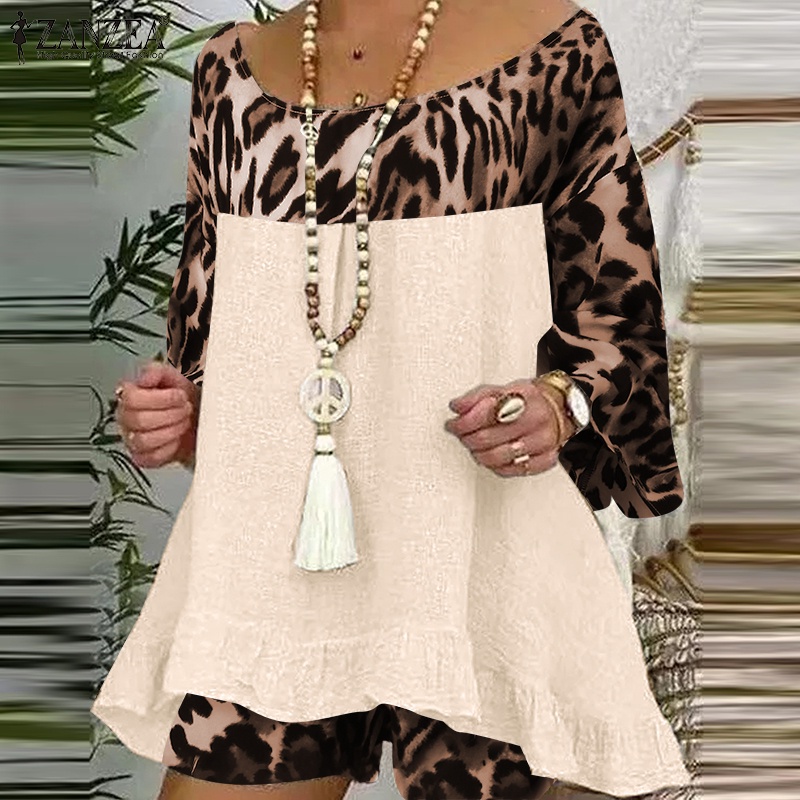 Bộ áo ZANZEA tay 3/4 in họa tiết da báo phối quần ngắn thời trang cho nữ