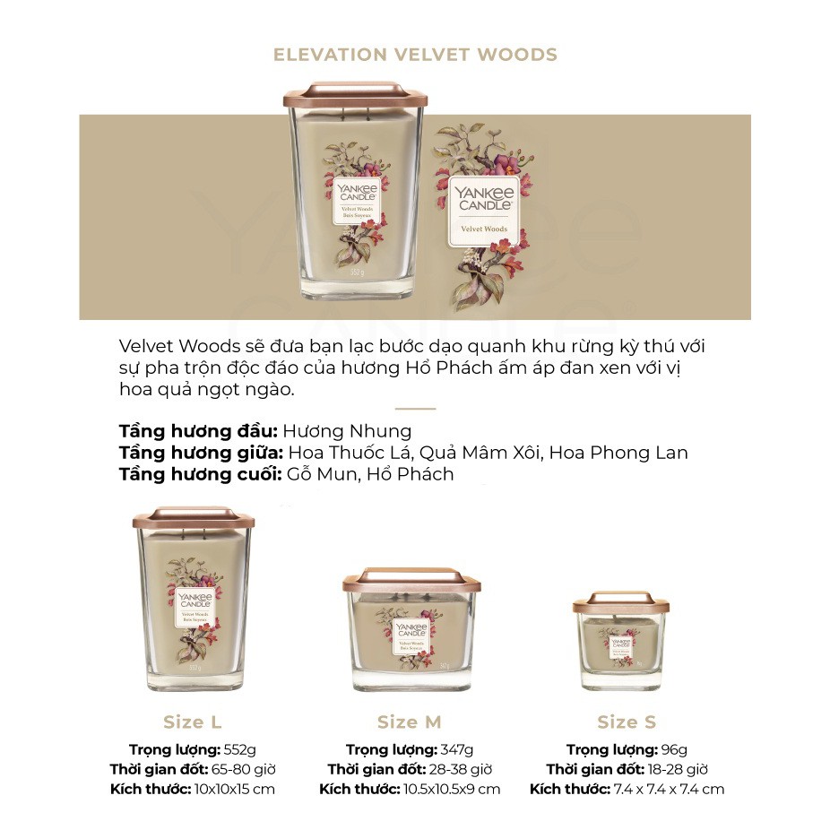 [Mã LIFEMALL991 giảm 10% đơn 99K] Nến ly vuông Elevation Yankee Candle size L - Velvet Woods (552g)