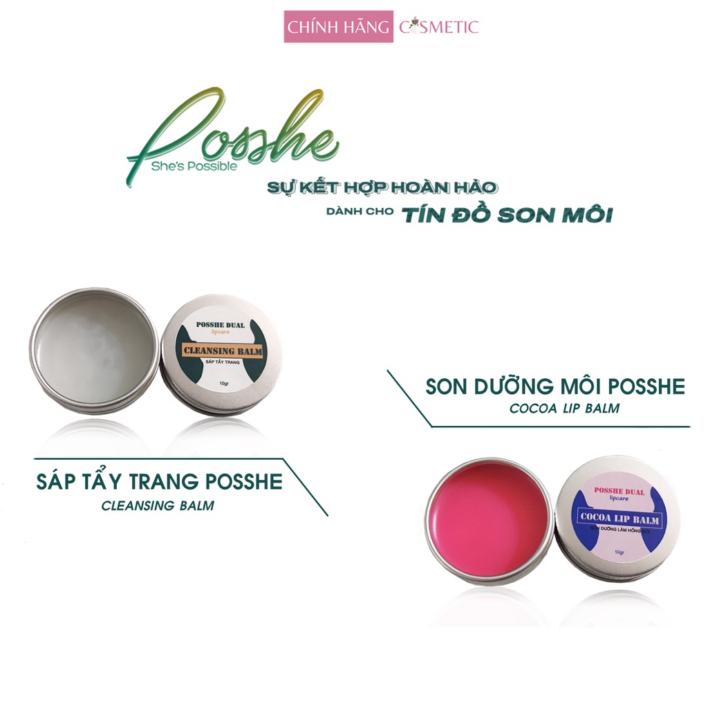 Combo Son Dưỡng Hồng Môi Posshe 10g + Sáp Tẩy Trang Môi Posshe 10g, Ácosmetics 20g