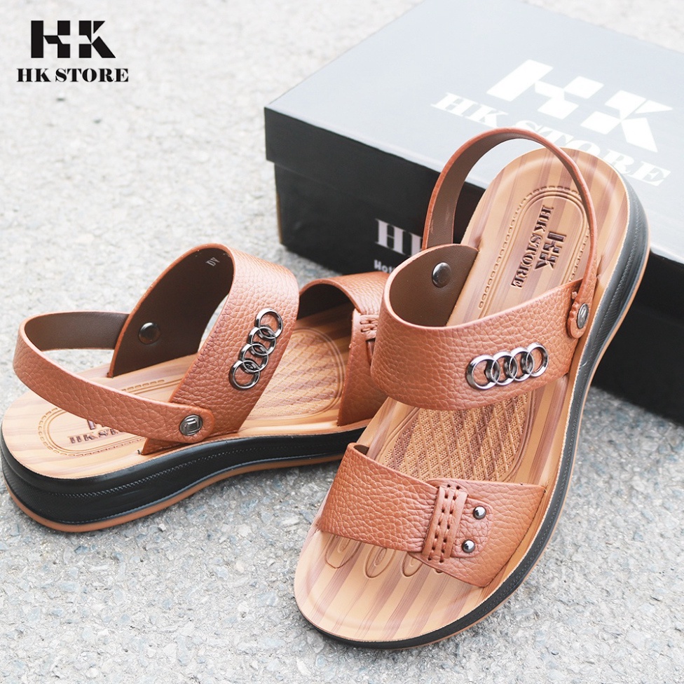 Dép da nam - Xăng đan nam 2 quai đế kếp cao 3.5cm khâu may chân quai chắc chắn - hàng chính hãng HK.STORE -