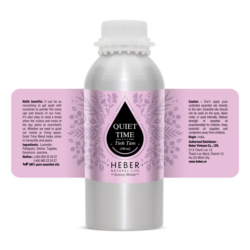 (Chai Lớn 500ml/1000ml)Tinh Dầu Tĩnh Tâm Quiet Time Blend Heber Natural Life, Cao Cấp Nhập Khẩu, Thiên Nhiên Nguyên Chất