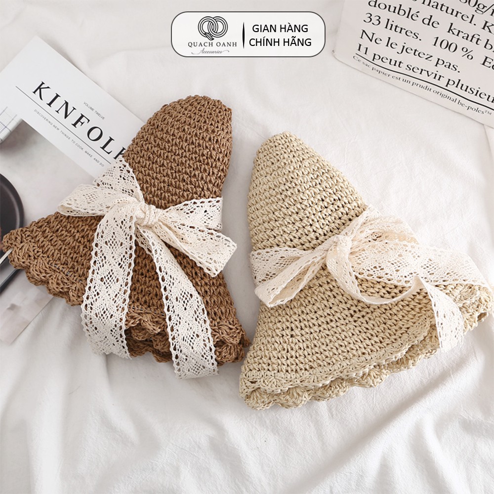 Mũ nón cói QO ACCESSORIES vành rộng lượn sóng dây nơ ren cho mẹ và bé đi biển mùa hè MU39