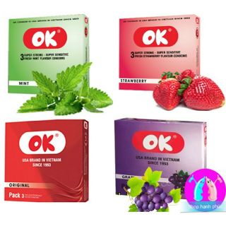 Bao cao su Ok Hương Dâu Tây - Bạc Hà - Nho - Không Mùi ( Hộp 3 Chiếc)