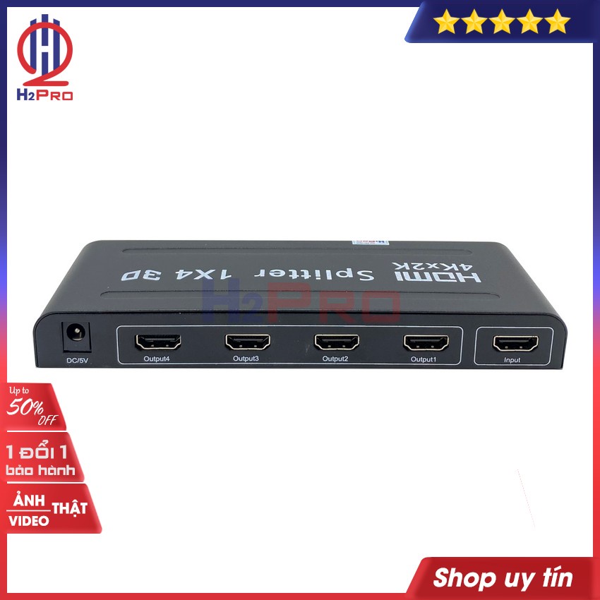 Bộ Chia HDMI Splitter 1 ra 4 H2pro cao cấp chuẩn 4K-3D-chất lượng cao chuẩn đầu vào, hàng hãng (tặng củ sạc 5V-2A 50k)