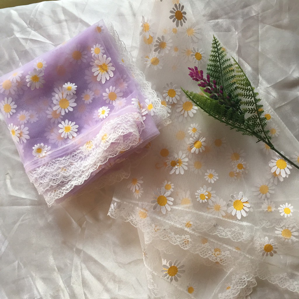 Khăn bandana ren hoa cúc trắng tím viền ren