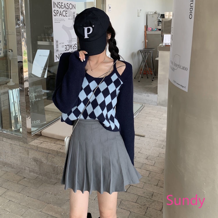 Áo dệt kim trễ vai tay dài kẻ sọc ca rô thời trang cho nữ