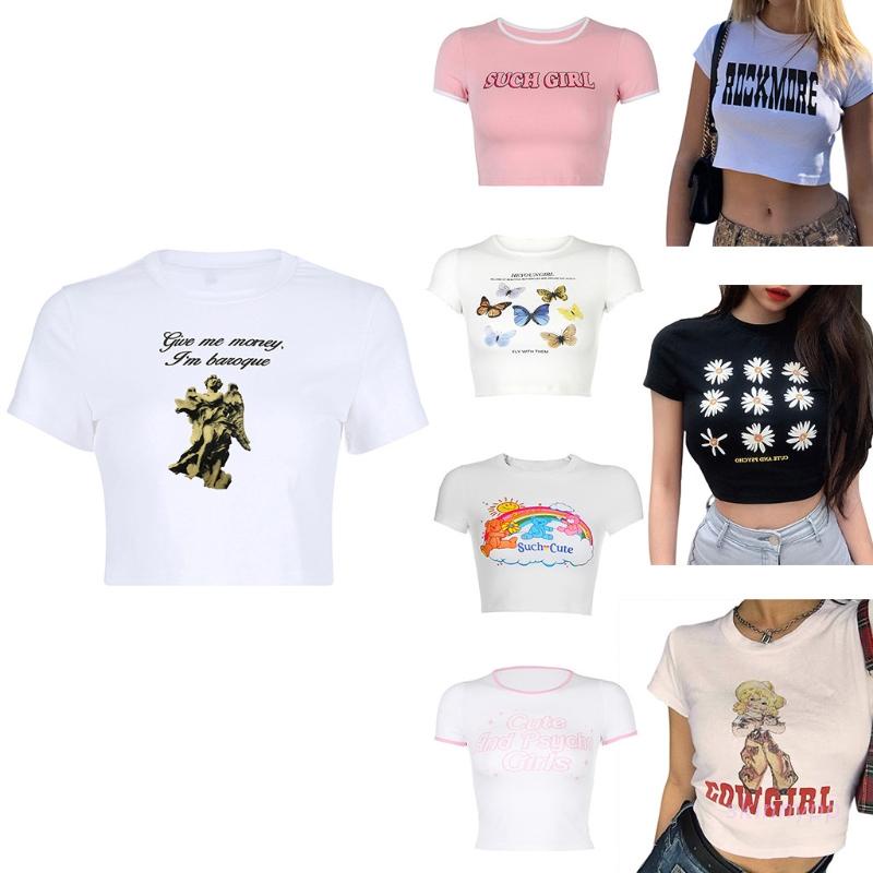 Áo Thun Croptop Tay Ngắn Cổ Tròn In Họa Tiết Hoạt Hình Màu Cầu Vồng/Hoa Cúc/Gấu/Bướm Thời Trang Mùa Hè Cho Nữ