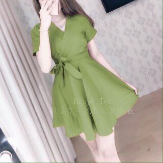 🍒Đầm xoè cổ V đắp chéo eo cột nơ