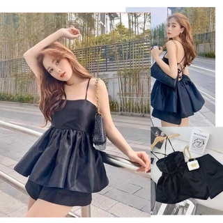   Ảnh Thật Sắc Nét  Set áo Babydoll 2s Đen đan dây lưng kèm quần Short đen 