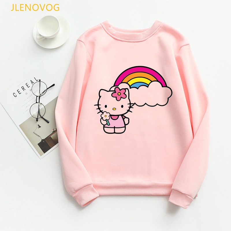 Áo Hoodie Bằng Vải Nhung In Hình Hello Kitty Màu Trắng / Hồng / Xám Thời Trang Thu Đông Cho Nữ