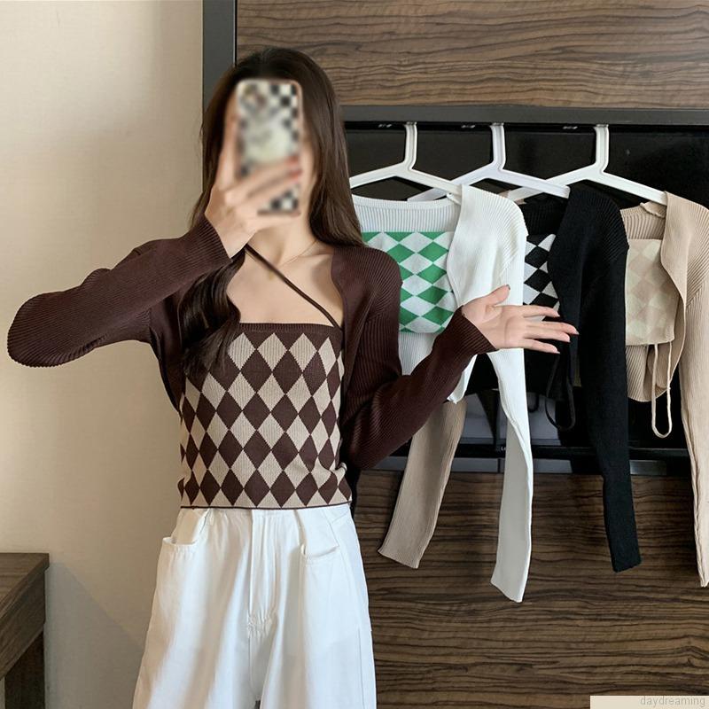 Áo hai dây và áo khoác cardigan dệt kim phong cách mùa thu cho nữ