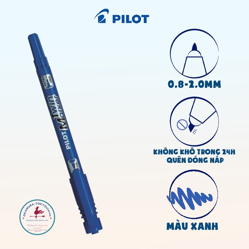 Bút lông dầu màu xanh twin marker, Pilot, viết êm đa năng bám dính trên mọi bề mặt, ngòi 0.8~2.0mm