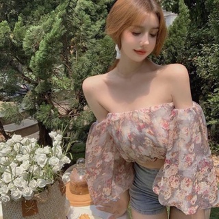Áo kiểu croptop trễ vai tay dài phồng cúp ngực hoa nhí tiểu thư voan - Order taobao quảng châu