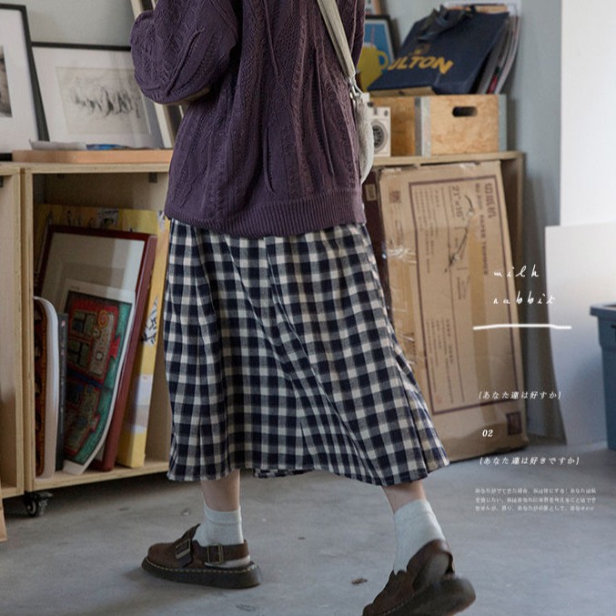 Chân váy caro dài, chân váy midi kẻ caro vintage style Hàn Quốc - CV07