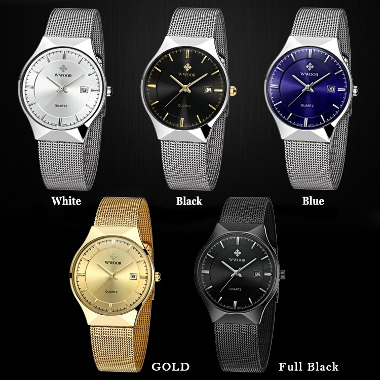 Đồng hồ WWOOR 8016 chất liệu thép không gỉ chống nước siêu mỏng cho nam