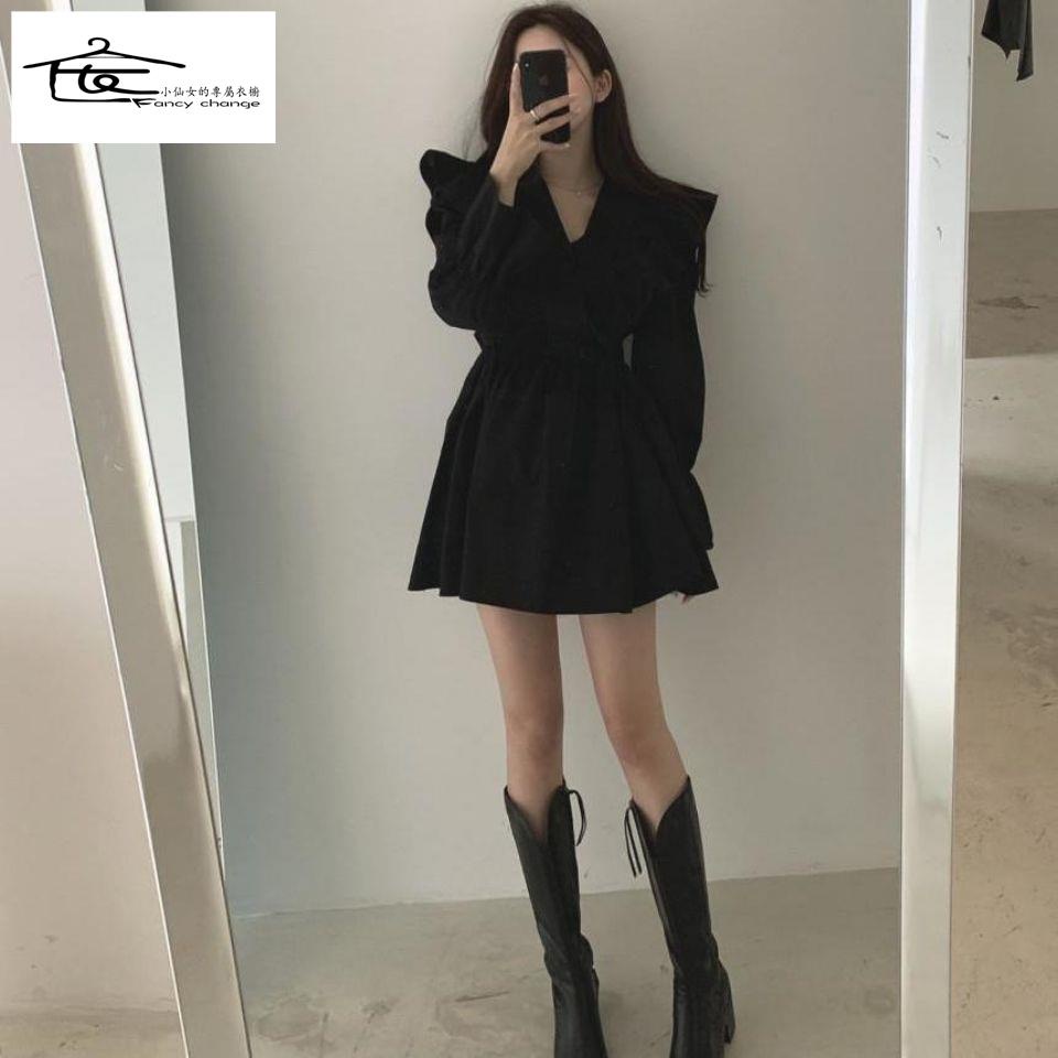 Đầm Ngắn Tay Loe Cổ Chữ V Thắt Eo Thời Trang Xuân Thu Phong Cách Mới