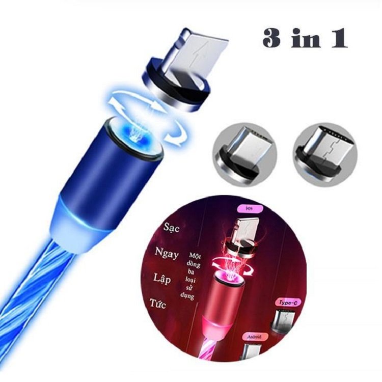 Dây Sạc Nam Châm Kèm 3 Chân sạc Lighting - Micro USB - Type-C - Dây Sạc Nam Châm Phát Sáng